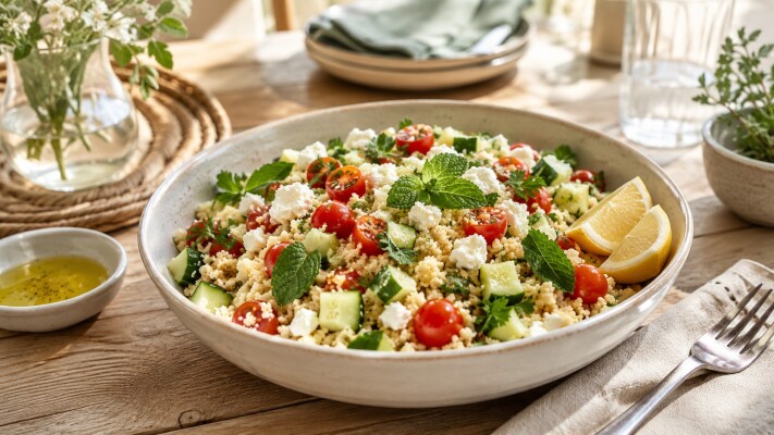 Rezepttipp für heiße Tage: Sommerlicher Couscous-Salat mit Feta, Gurke und Minze - Sommerlicher Couscous-Salat | Einfaches Rezept für heiße Tage