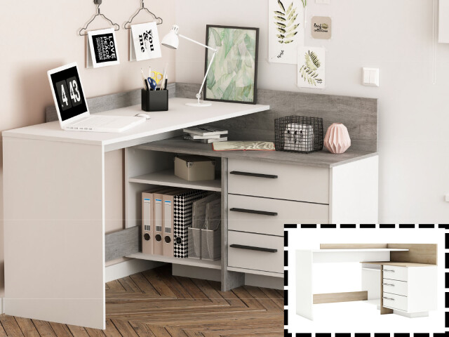 Eckschreibtisch >Thales< in Weiß - 128,8x83,2x105,7cm (BxHxT)