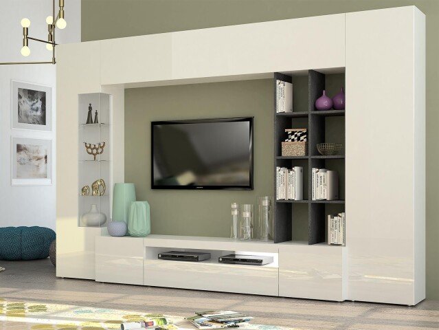 Wohnwand >Egypt< in Weiß/Hochglanz aus Glas - 290x191.2x40cm (BxHxT)