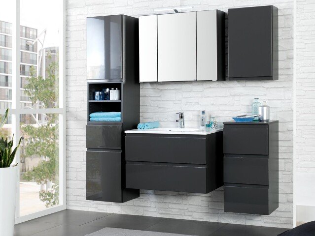 Badezimmer-Set >Cleo I< in Grau/Hochglanz aus MDF