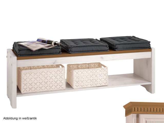 Bettbank >Silvana< in Weiß/Antik aus Massivholz - 140x48x40cm (BxHxT)