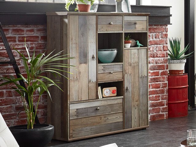 Highboard >Britta< in Driftwood Nachbildung aus Kunststoff - 99x133x39cm (BxHxT)
