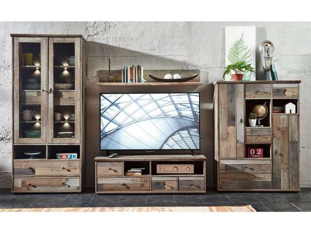 Wohnwand >Britta< in Driftwood Nachbildung aus Glas - 342x188x52cm (BxHxT)