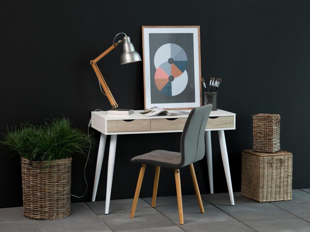 Schreibtisch >Neil I< in Weiß Eiche - 110x77,1x50cm (BxHxT)