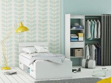Stauraumbett >Lorenzo< in Perle Weiß - 94.5x74.2x204.3cm (BxHxT)