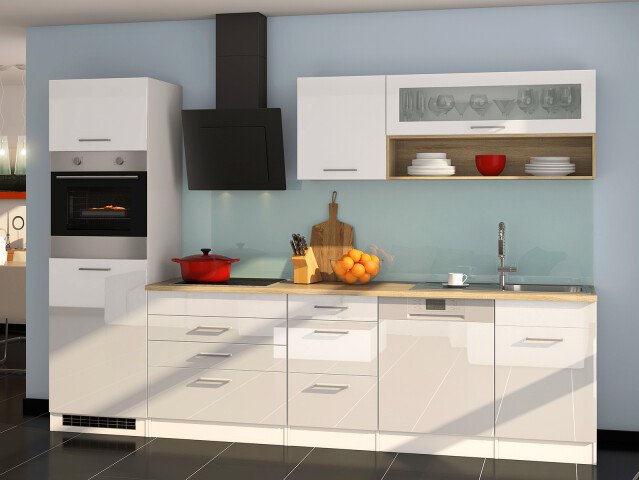 Küchen-Set >Mailand V< in Weiß/Hochglanz aus Glas - 300x200x60cm (BxHxT)