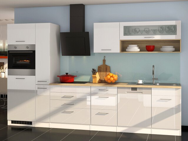 Küchen-Set >Mailand VI< in Weiß/Hochglanz aus Glas - 330x200x60cm (BxHxT)