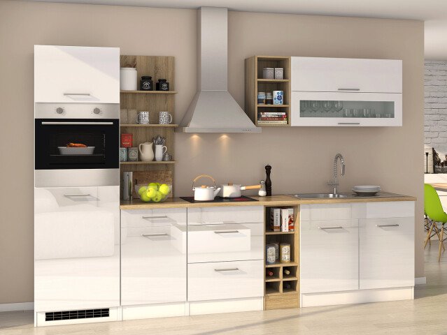 Küchen-Set >Mailand VII< in Weiß/Hochglanz aus Glas - 300x200x60cm (BxHxT)