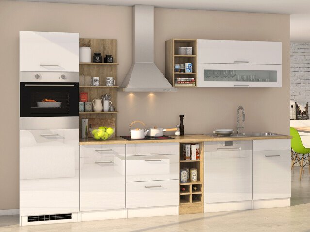 Küchen-Set >Mailand VIII< in Weiß/Hochglanz aus Glas - 310x200x60cm (BxHxT)