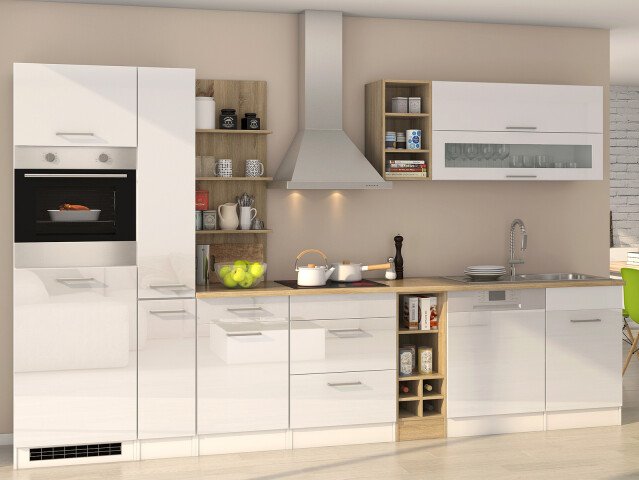 Küchen-Set >Mailand IX< in Weiß/Hochglanz aus Glas - 340x200x60cm (BxHxT)