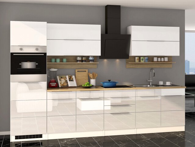 Küchen-Set >Neapel I< in Weiß/Hochglanz aus Glas - 320x200x60cm (BxHxT)