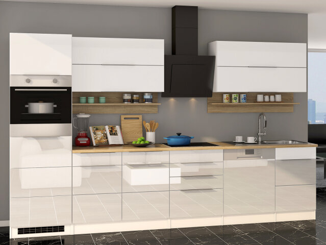 Küchen-Set >Neapel II< in Weiß/Hochglanz aus Glas - 330x200x60cm (BxHxT)