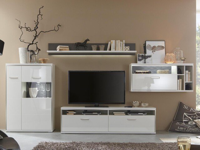 Wohnwand >Trento I< in Weiß/Hochglanz aus Metall - 381x183x52cm (BxHxT)