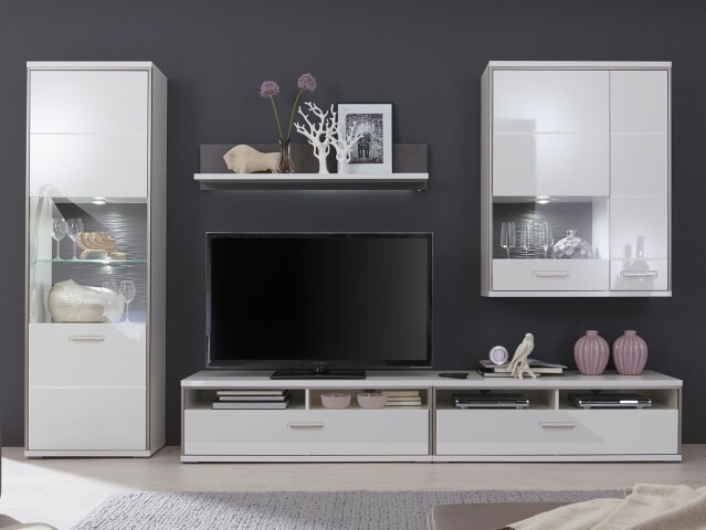 Wohnwand >Trento IV< in Weiß/Hochglanz aus Metall - 321x201x52cm (BxHxT)