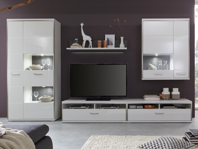 Wohnwand >Trento V< in Weiß/Hochglanz aus Metall - 351x201x52cm (BxHxT)