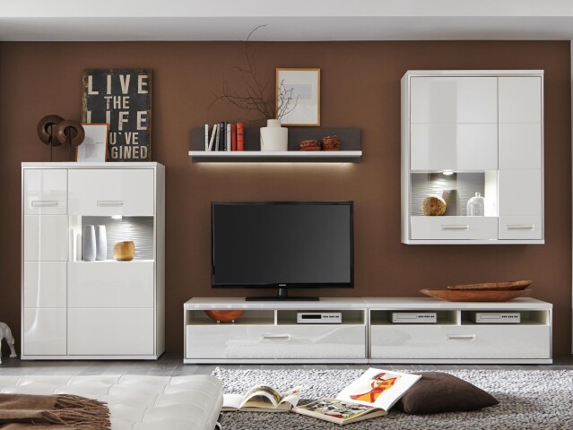 Wohnwand >Trento VI< in Weiß/Hochglanz aus Metall - 351x201x52cm (BxHxT)