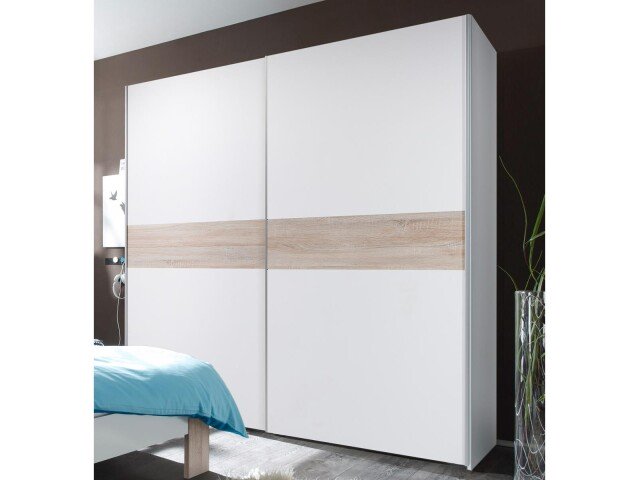 Schwebetürenschrank >Noni< in Weiß / Absetzung Sonoma-Eiche - 170x195x60 (BxHxT)
