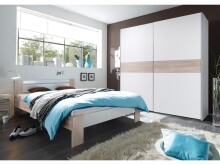 Schwebetürenschrank >Noni< in Weiß / Absetzung Sonoma-Eiche - 170x195x60 (BxHxT)