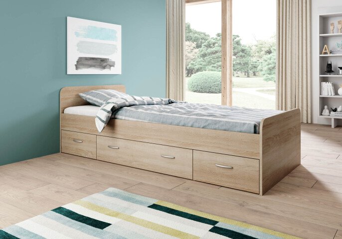 Bradford Modernes Einzelbett mit 3X Schubkästen 90 x 200 cm - Praktisches Jugendzimmer Kojenbett in Eiche Sonoma Optik - 95 x 66 x 204 cm (B/H/T)