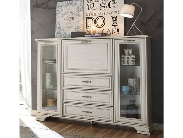 Highboard >Valeria< in Used White aus Glas - 154x125x38cm (BxHxT)