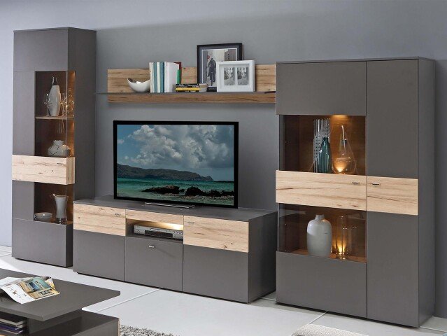 Wohnwand >Chatham I< in Chromfarben aus Glas - 319,3x203,3x52cm (BxHxT)