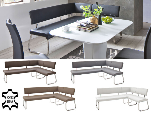 Eckbank >Muvo I< in Edelstahl/gebürstet aus Rindsleder - 200x86x60cm (BxHxT)
