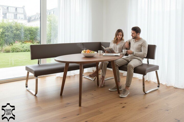Eckbank >Muvo I< in Braun aus Rindsleder - 200x86x60cm (BxHxT)