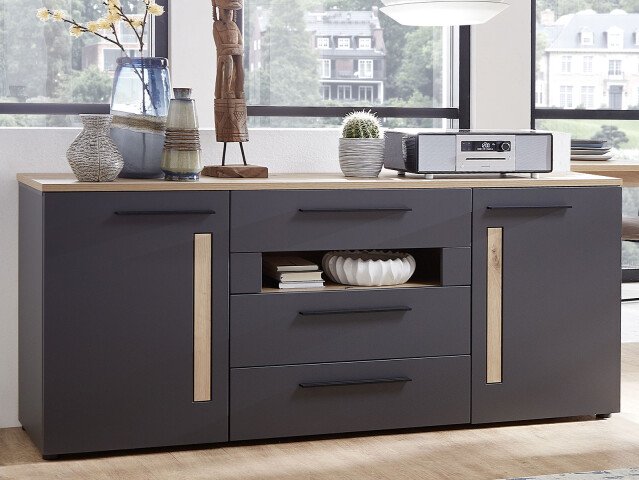 Sideboard >Lewes< in Graphit aus Kunststoff - 180x81x44cm (BxHxT)