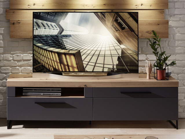 TV-Board >Lewes< in Lack Laminat Graphit supermatt - 192x55x44 (BxHxT)