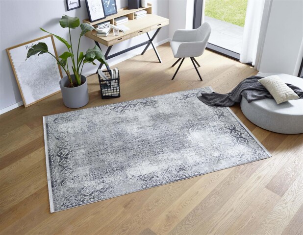 Teppich in Grau/Creme Bordüre aus 50% Viskose, 50% Acryl