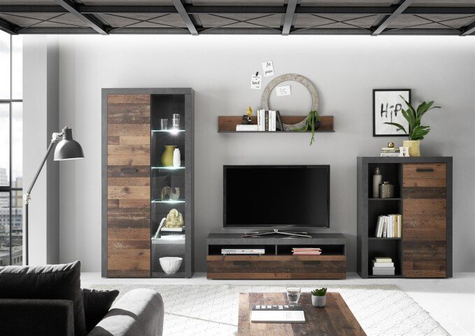 Wohnwand >Johannes< in Old Style dunkel - 320x190x39cm (BxHxT)