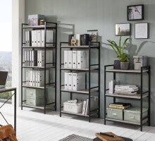 Regal >Sandro< in schwarz-Betonoptik aus Stahl, MDF - 60x140x40cm (BxHxT)