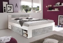 Stauraumbett >Robina< in Beton Nachbildung / Weiß - 185x86x204cm (BxHxT)