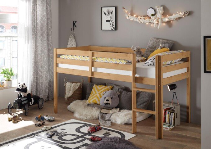 Hochbett >Keni< in Kiefer Natur aus Massivholz - 207x113x97cm (BxHxT)