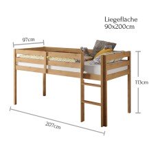 Hochbett >Keni< in Kiefer Natur aus Massivholz - 207x113x97cm (BxHxT)