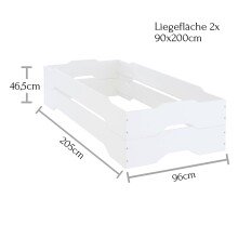 Bettgestell >Doppel< in Weiß aus Massivholz - 96x46,5x205cm (BxHxT)