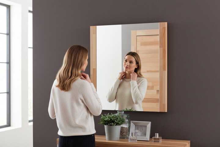 Wandspiegel >Leduc I< in Kernbuche aus Massivholz, Spiegelglas - 66x65x4 (BxHxT)