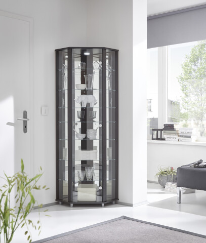 Eckvitrine >TRIO< in Schwarz Struktur - 71x172x50cm (BxHxT)