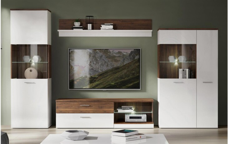 Wohnwand >Rafina< in Bakersfield Walnuss - 335,1x192,2x42cm (BxHxT)
