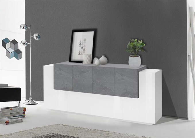Sideboard >Catania< in Weiß-Hochglanz / Schiefer - 200x86x45cm (BxHxT)
