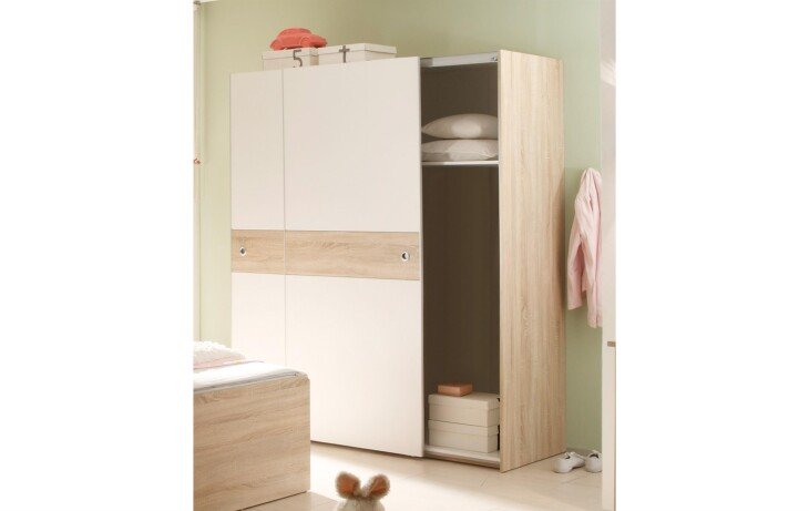 Schwebetürenschrank >Floris< 2 Böden, 2 Stangen, Weiss / Sonoma Eiche Dekor - 170x196x60cm (BxHxT)