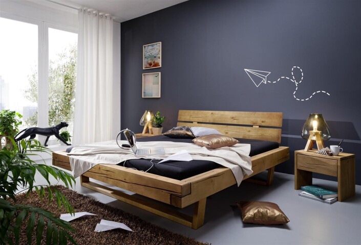 Massivholzbett >Long Beach< in Eichefarbig aus Massivholz - x85x222cm (BxHxT)