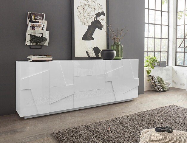 Sideboard >Piacenza< in Weiß-Hochglanz - 220x86x44cm (BxHxT)