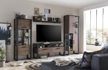 Wohnwand >Nordi< in Schwarz/Nuss - 385,4x200,1x43,1cm (BxHxT)