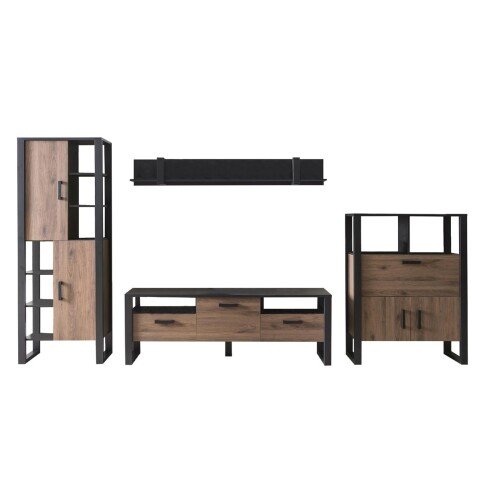 Wohnwand >Nordi< in Okapi-Nuss, Schwarz - 385,4x200,1x43,1cm (BxHxT)