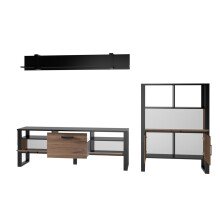 Wohnwand >Nordi< in Schwarz/Nuss - 295,6x177,6x43,1cm (BxHxT)