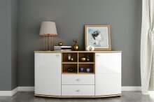 Sideboard >Polo< in Grandson-Eiche, Hochglanz-Weiß - 160x84x41,6cm (BxHxT)
