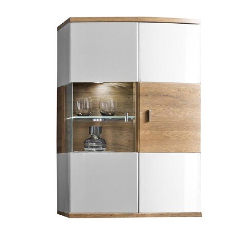 Vitrine >Sinus< in (Hochglanz)-Weiß, Grandson-Eiche - 70x103,4x37,4cm (BxHxT)