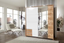 Schwebetürenschrank >Eugenio< in Plankeneiche Weiß - 180x198x64cm (BxHxT)