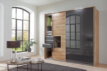 Schwebetürenschrank >Susanetta< in Plankeneiche Graphit - 225x210x64cm (BxHxT)